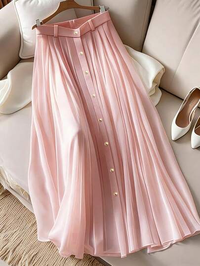 Franclia Women's Elegant & Casual Gentle Vibe Light Pink Pleated Maxi Skirt | Flowy High-Waisted Single-Breasted Midi Skirt – Fairy-Like & Soft, Versatile A-Line Flared Hem Skirt For Commute & Dates