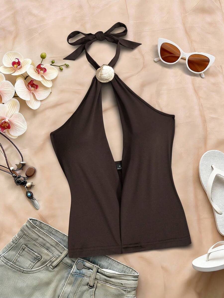 Roelina Top ajustado elegante y sexy de color liso con cuello drapeado, espalda descubierta y plisado - Café integral - Ver 1
