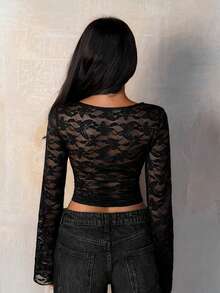 TRNVIE Women's Elegant Rivet Lace Hook Decor Fitted T-Shirt Black Black See Through Top Black Sexy Tops Black Mesh Top Black Lace Long Sleeve Top - Black - View 2