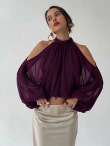 Aloruh Women's Elegant Pleated Lantern Sleeve Cropped Top, Summer - Purple - View 3