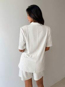 Aloruh Elegant Khaki Linen Half Sleeve Lapel Blazer For Women Regular Fit Workwear - Khaki - View 3