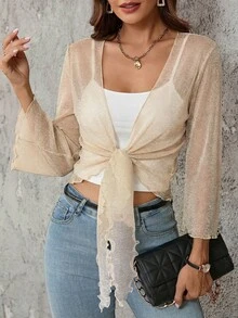 SHEIN Clasi 女士夏季荷叶边薄纱系带喇叭袖衬衫 - 杏色 - 查看 2