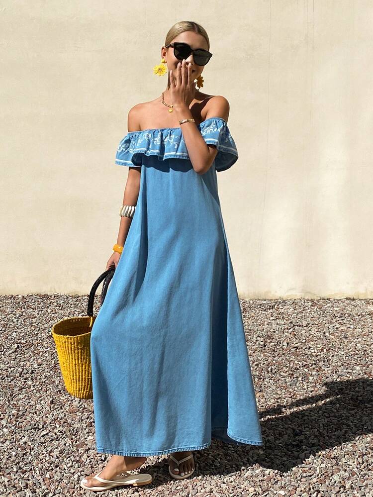 Women's Off-Shoulder Floral Print Long Denim Dress, Vacation Style, Summer Boho
