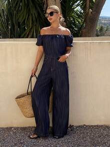 DAZY Women's Off-Shoulder Short Sleeve Striped Top And Loose Wide-Leg Jeans Vacation Style Set - Dark Wash - View 3