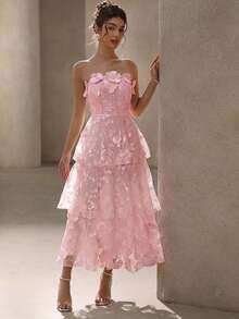 BELROSIE Solid Color Luxurious High-End Party Floral Strapless Dress, Suitable For Spring And Summer - Pink - View 8