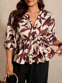 Elaquor Conjunto informal de 2 piezas de talla grande para mujer con blusa de cuello en V con volantes y estampado floral, y pantalón de pierna ancha - Multicolor - Ver 5
