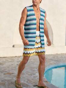 Manfinity Swimmode Men's Hollow Out Contrast Stripe Pattern Casual Sleeveless Cardigan - Blue - View 1