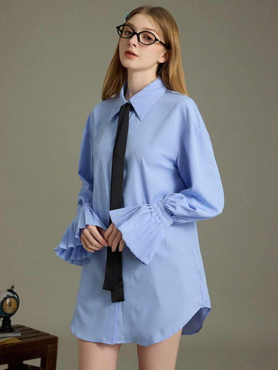 Elnivra Blusa holgada de manga larga con cuello de contraste y pliegues - Azul - Ver 1