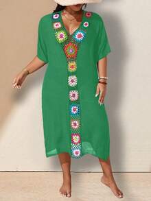 Swim Lushoire Plus Size Summer Vacation Hand-Crocheted Floral Knit Cover-Up Dress - Green - View 4