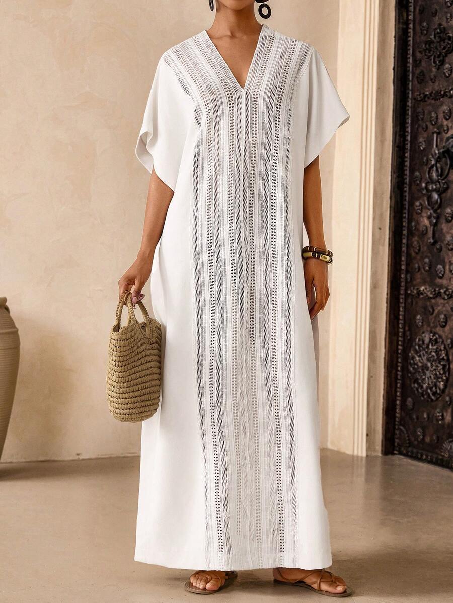 Lyxana Vestido Casual de Férias Reto Bege com Recortes para Mulheres - Bege - Visão 1