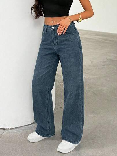 EURMUSE High Waist Casual Fashion Blue Straight Loose Everyday Jeans