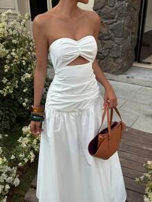 Livesso Vestido camisero blanco calado de primavera y verano, con silueta ajustada y sexy, adecuado para festivales de música, San Valentín, boda, vacaciones de playa casual, vestido midi bandeau de estilo boho para mujer - Blanco - Ver 2