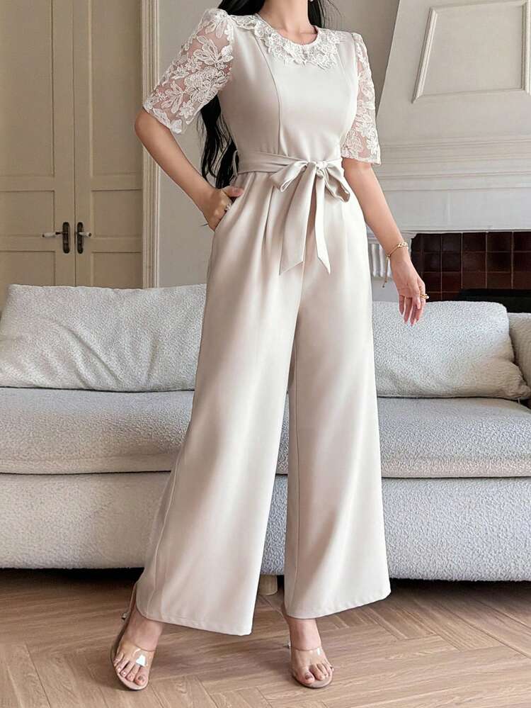 Spring & Summer Hollow Lace Patchwork Romantic Wedding Party Banquet Jumpsuit, Loose Casual Elegant Office Shirt Jumpsuit With Short Sleeves For Women