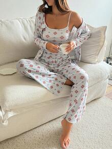 DAZY 3件套图案印花撞色滚边开衫、吊带衫和裤子女士睡衣套装 - 灰色 - 查看 4