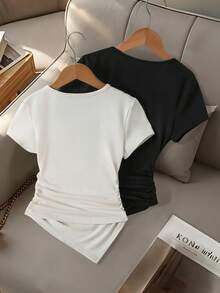 Elladie kids Tween Girl 2-Pieces Asymmetric Hem Ruched T-Shirts , Stylish Short-Sleeve Tops Featuring Decorative Shoulder Details. - Black and White - View 2