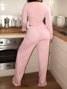 Lowkey Lull Women's Solid Color Single-Breasted Long Sleeve Cropped Top And Pants Pajama Set - Pink - View 2