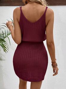 EMERY ROSE Fashionable Versatile Hollow Crochet V-Neck Women Sweater Dress - Burgundy - View 2