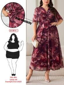 SHEIN CURVE+ Đầm midi tay ngắn họa tiết hoa xoắn phía trước cỡ lớn thanh lịch dành cho nữ - Nhiều màu - Xem 10