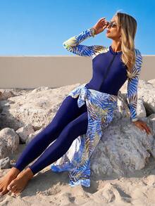 Swim Mulvari 三件套新款印花长袖连体裤，配有拉链、长裤和系带半裙，优雅热带花卉图案无钢圈比基尼泳衣，女士款 - 彩色 - 查看 6