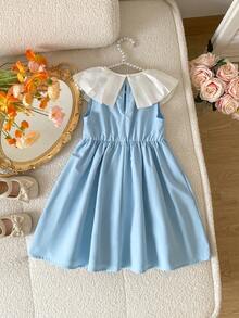 SHEIN Vestido holgado con volantes en el bajo y contraste de color tejido, adecuado para primavera y verano para niña joven - Azul - Ver 6