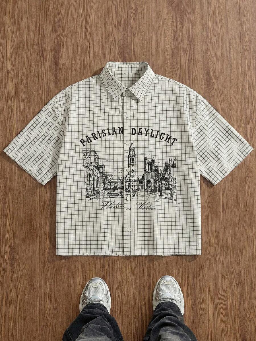 SWAVVY 男士时尚印花短袖衬衫，春夏款 - 白色 - 查看 1