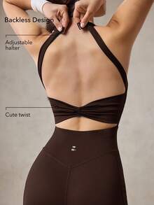 OutZeal Women Sports Black Jumpsuits Gym Workout Wear Summer Sweat Wicking Bra-In Cut-Out Back Knotted Romper - Brown - View 3