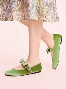 CUCCOO DOLLMOD French Word With Velvet Bow Mary Jane Female Retro Comfortable Women Wear Flat Dance Ballet Shoes Soft Sole Grandma Shoes Valentine's Day - Olive Green - View 5