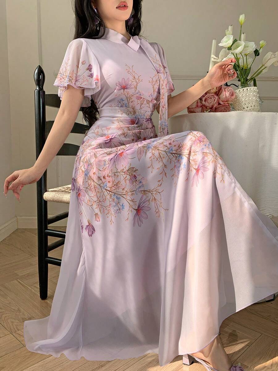 Modelyn 女士系带腰部褶皱印花喇叭连衣裙 - 淡紫色 - 查看 1