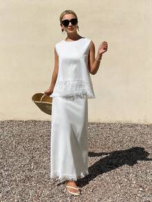 DAZY Women's Round Neck Sleeveless Lace Patchwork Vest And Straight Long Skirt Set, Vacation & Casual Style - White - View 1