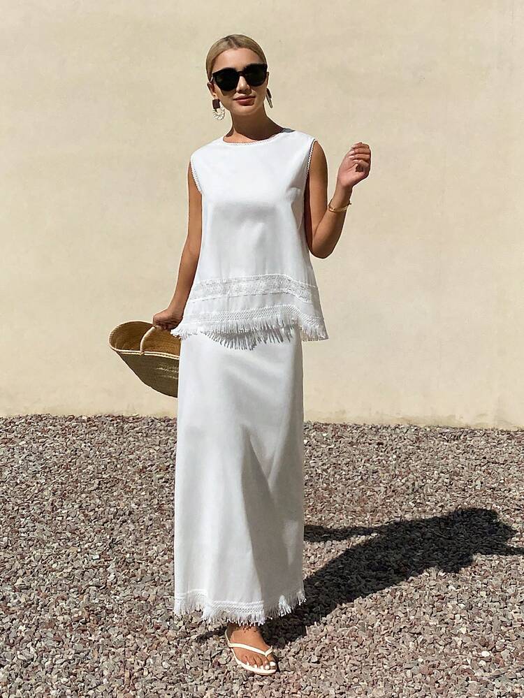 Women's Round Neck Sleeveless Lace Patchwork Vest And Straight Long Skirt Set, Vacation & Casual Style