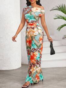 SHEIN Lady Women's Floral Print Ruffle Shoulder Top And Wide Leg Pants Casual 2 Pieces Set - Multicolor - View 4