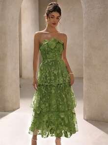 BELROSIE Solid Color Luxurious High-End Party Floral 3D Strapless Dress, Suitable For Spring And Summer, Valentine's Day - Green - View 3