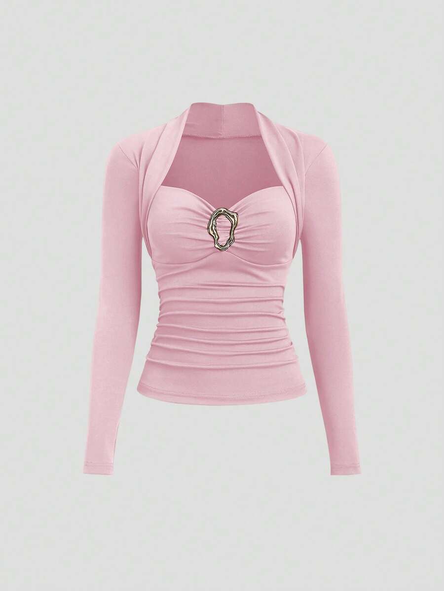 Sweetra Áo thun nữ khoét rỗng với cúc trang trí kim loại mùa thu mới - Hồng - Xem 1