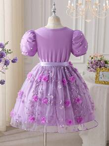 Glamorique Kids 女童珍珠袖3D立体花卉优雅夏季连衣裙，配腰带 - 紫色 - 查看 2