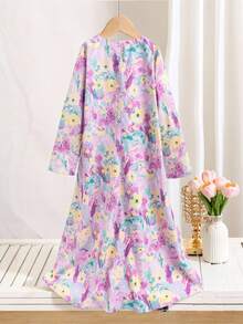 Tween Girls Elegant Floral Print Dress - Purple - View 2