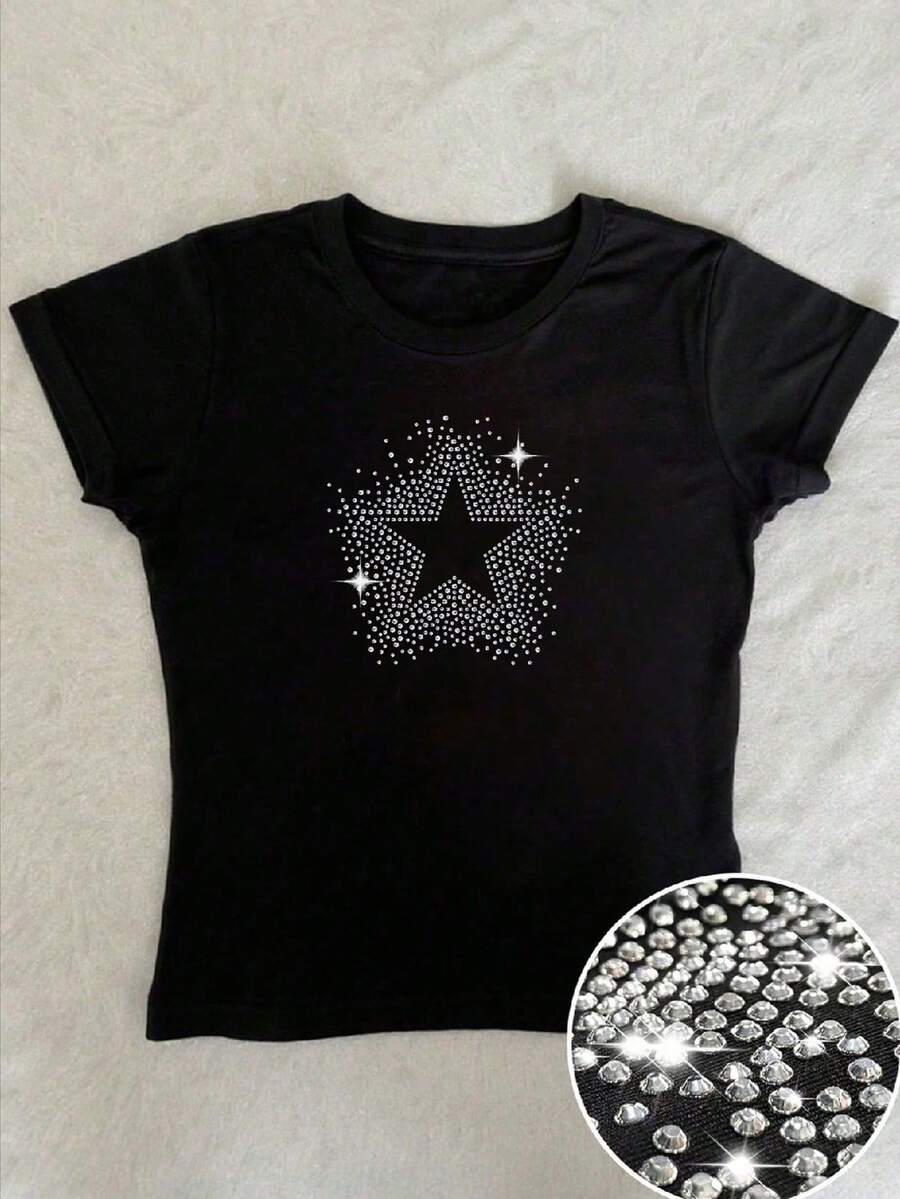 Glimmora Y2K Star Rhinestone Decor Round Neck Women Rhinestone T-Shirt - Black - View 1