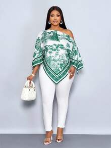 SOLERSUN Blusa de manga larga con cuello asimétrico, bajo asimétrico y estampado de color albaricoque para mujer de talla grande. Diseño con hombros oblicuos, mangas divididas y estilo suelto. Estampado vintage de puesta de sol. Versátil para uso diario, salidas y vacaciones de lujo tranquilo. - Verde Oscuro - Ver 4