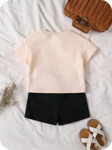 SHEIN Conjunto de 2 peças para bebê menino/menina, com estampa minimalista e fofa de letras. Camiseta de manga curta e shorts. - Multicolorido - Ver 2