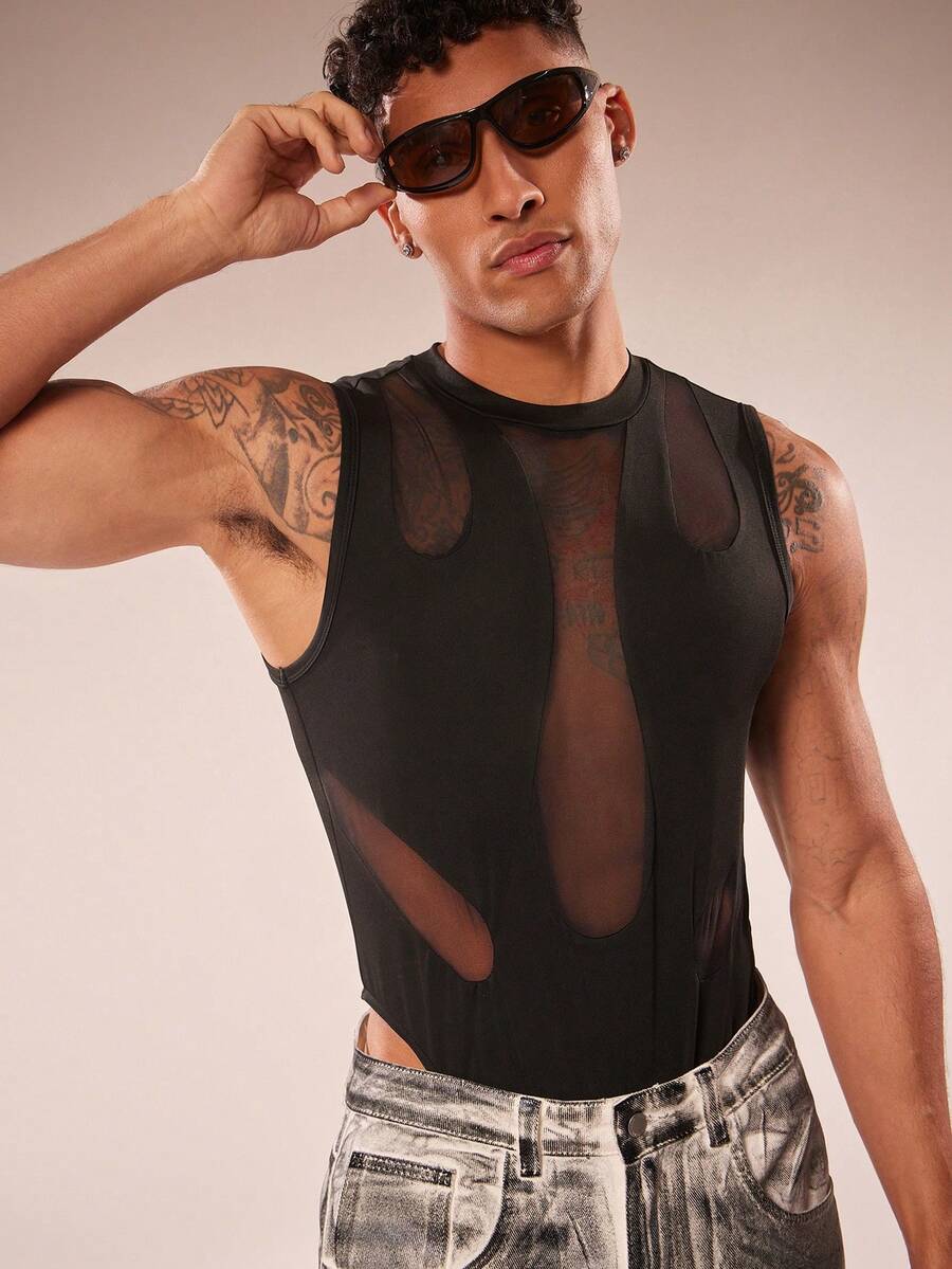 FeverCity Men's Solid Color Mesh Patchwork Sexy Bodysuit - Black - View 1