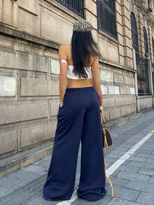 Coolane Women's Spring/Summer Streetwear Back To School Casual Fashion Street Leopard Print Numeric & Letter Drawstring Waist Loose Wide Leg Pants - Blue - View 3