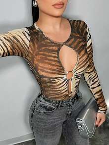 SHEIN SXY Body de malla transparente con estampado animal sexy - Multicolor - Ver 1