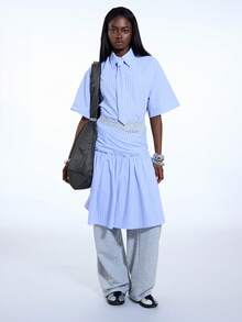 COUREZ Short Sleeve Shirt With Removable Tie Detail /Y2K Spring Cute Blue Shirts For Women Going Out Summer Top - Blue - View 4