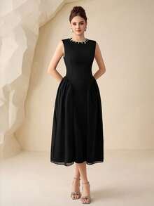 Modelyn Gaun Chiffon Hitam Lengan Pendek Leher Bulat dengan Hiasan Mutiara, Pakaian Sehari-hari yang Elegan - Hitam - View 3