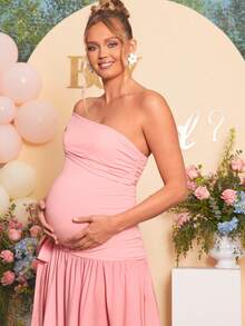 Loomaby Maternity Pink Elegant Summer Wrap Dress,One Shoulder Asymmetric Waist Tie Pregnant Dress For Baby Shower,Gender Reveal & Pregnancy Photoshoot - Pink - View 2