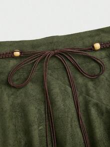 Sweetra Plus Size Sweet Faux Suede Asymmetrical Hem Solid Color A-Line Skirt - Army Green - View 4