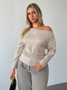 Auralis Plus Size Casual Pleated Oblique Shoulder Long Sleeve T-Shirt, Autumn Spring Women Spring T-Shirt For Women - Apricot - View 5