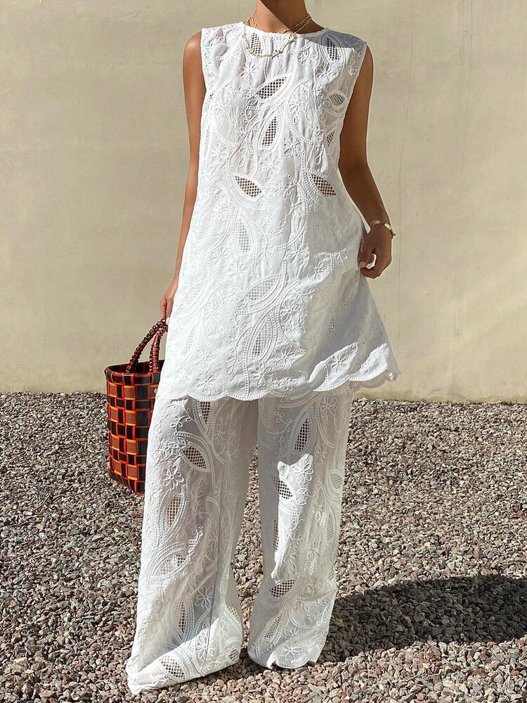 DAZY Vestido Longo Elegante Feminino de Duas Peças com Textura de Renda Floral Vazada e Calça Pantalona, Adequado para Férias de Verão - Branco - Visão 5