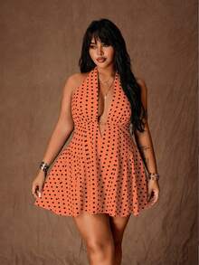 Rustia Gaun Mini Seksi Model A-Line Motif Polkadot untuk Wanita Ukuran Plus dengan Tali Leher - Jeruk - View 1