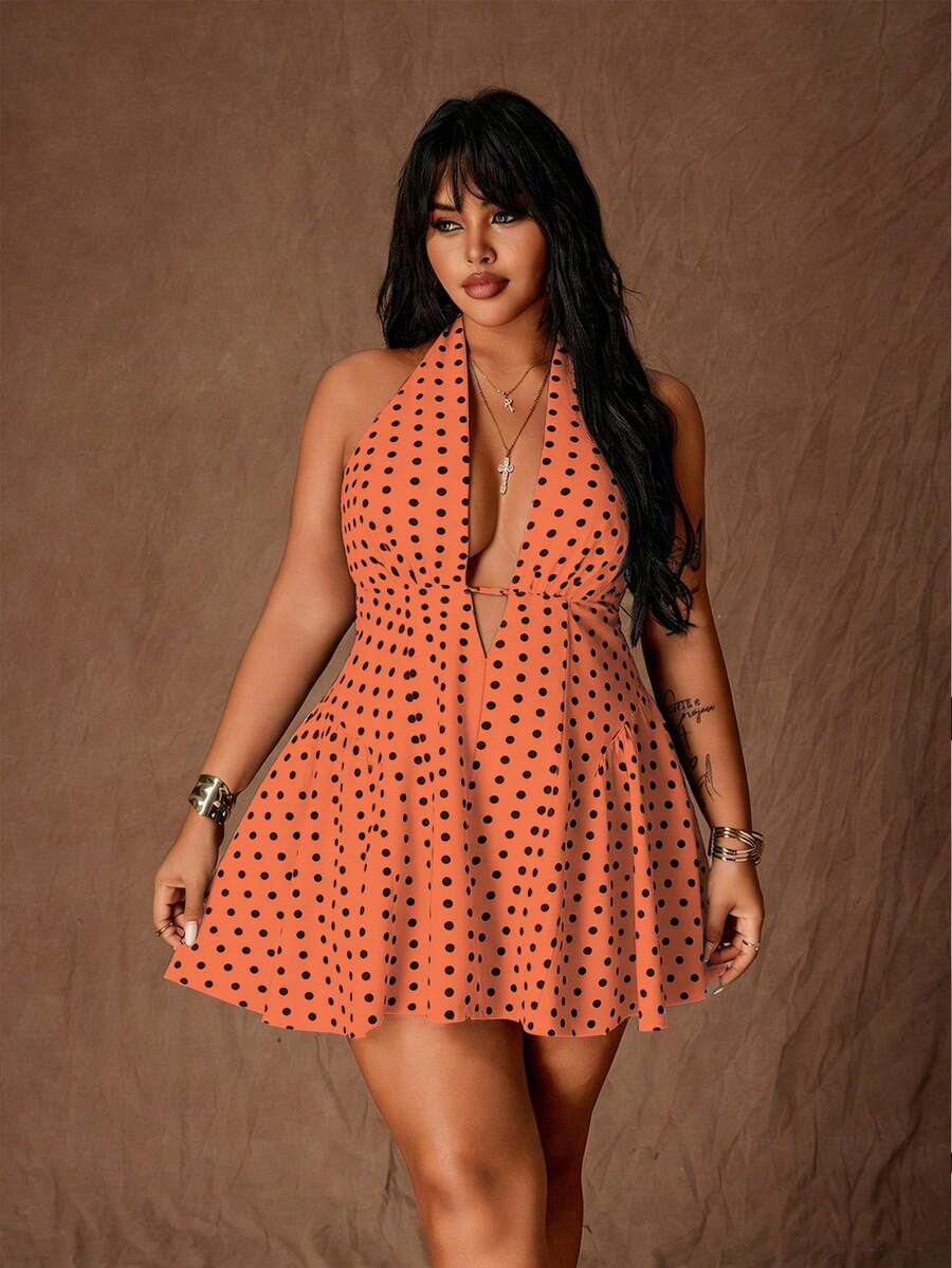 Rustia Gaun Mini Seksi Model A-Line Motif Polkadot untuk Wanita Ukuran Plus dengan Tali Leher - Jeruk - View 1