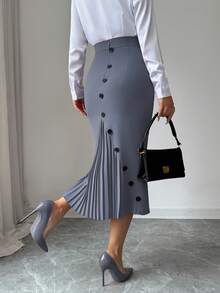 Elenzga Women's Elegant Fitted Pleated Pencil Skirt - Dark Grey - View 4